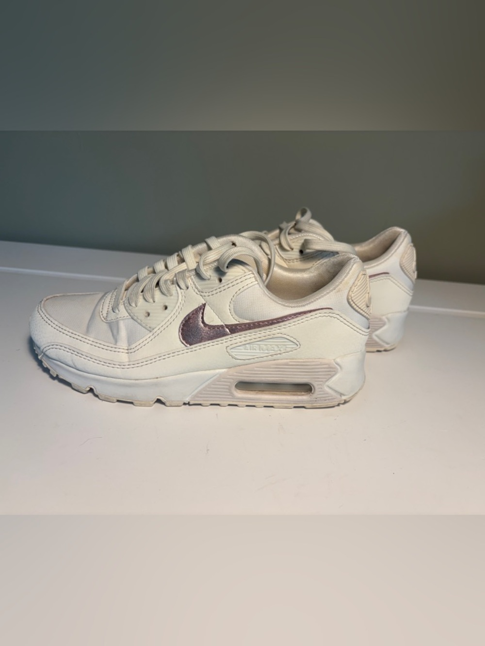 Nike Women’s Air Max 90 Sneakers White with Metallic Pink Swoosh